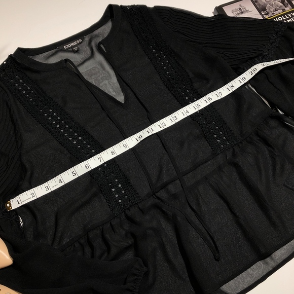 Express Sheer Black Pleated Long Sleeve Peplum Top - Picture 5 of 7